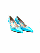 Load image into Gallery viewer, MIU MIU Size 6 Turquoise Satin Pumps