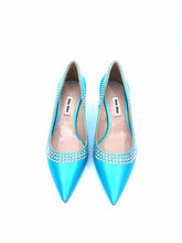 Load image into Gallery viewer, MIU MIU Size 6 Turquoise Satin Pumps