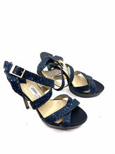 Load image into Gallery viewer, JIMMY CHOO Size 7.5 Navy Leather Glitter Solid Sandals