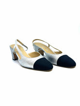 Load image into Gallery viewer, CHANEL Size 7 Silver, Black Leather Metallic Solid Sling back