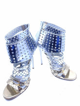 Load image into Gallery viewer, JIMMY CHOO Size 7.5 Silver, Gold Leather Metallic Perforated Sandals
