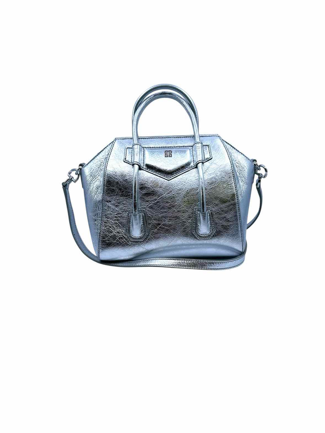 GIVENCHY Mini Antigona Lock bag Silver Leather Metallic Solid Handbag