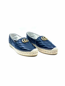 CHANEL Size 9.5 Black Leather Chevron print Flats