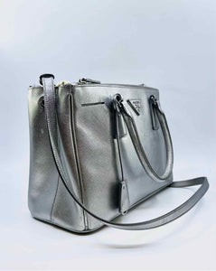 PRADA Galleria Silver Leather Metallic Solid Handbag