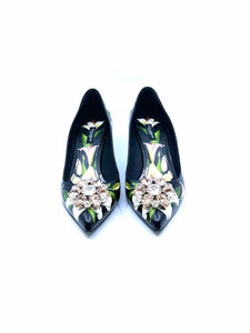 DOLCE & GABBANA Size 9 black, white Leather Floral Pumps