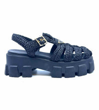Load image into Gallery viewer, PRADA Monolith Size 8 Black Straw Woven Sandals
