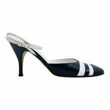 Load image into Gallery viewer, CHANEL Size 9 Navy, White Leather Stripe Sandals
