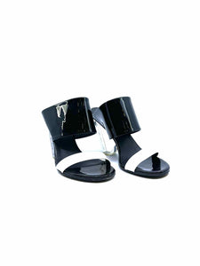 BALMAIN Size 7 black, white Patent Leather Mules