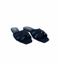 Load image into Gallery viewer, YVES SAINT LAURENT Tribute Size 7.5 Black Denim Solid Sandals
