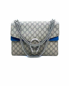 GUCCI Brown, Blue Coated Leather Monogram Handbag
