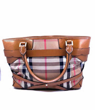 Load image into Gallery viewer, BURBERRY Camel Leather Canvas Plaid Handbag
