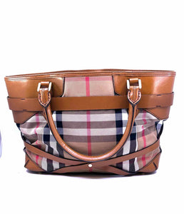 BURBERRY Camel Leather Canvas Plaid Handbag