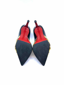 CHRISTIAN LOUBOUTIN Size 8.5 Black, gold Patent Leather Pumps