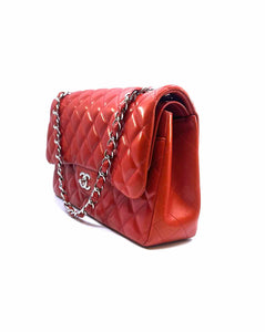 CHANEL Jumbo Double Flap Bag Red Orange Leather Quilted Lamb Skin Handbag