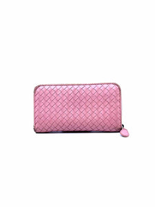 BOTTEGA VENETA Continental Pink Leather Woven Wallet