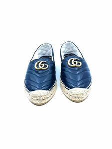 CHANEL Size 9.5 Black Leather Chevron print Flats