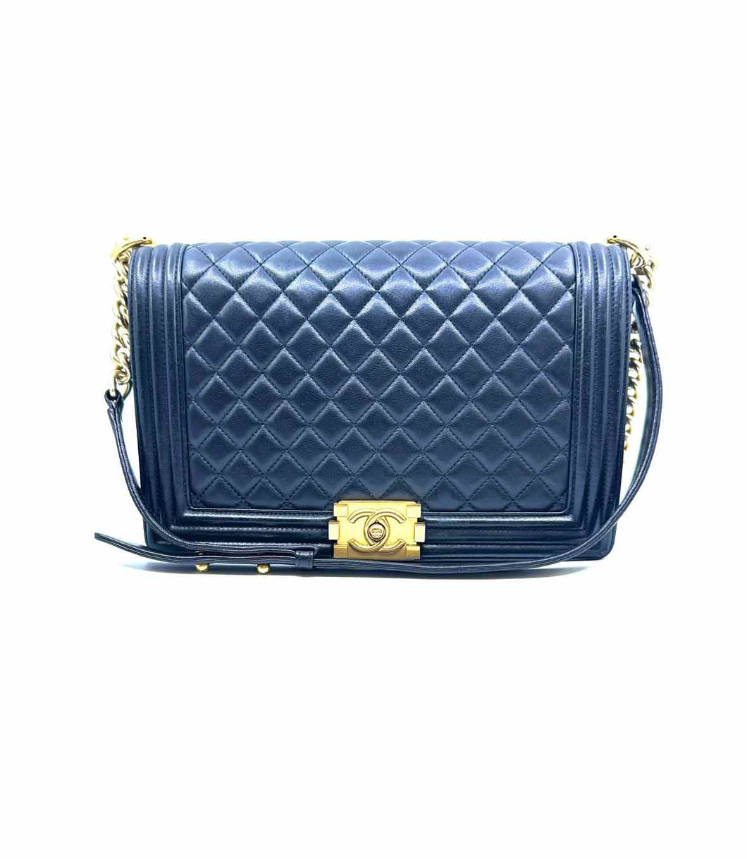 CHANEL Large Boy Bag Black Lambskin Leather Quilted Handbag