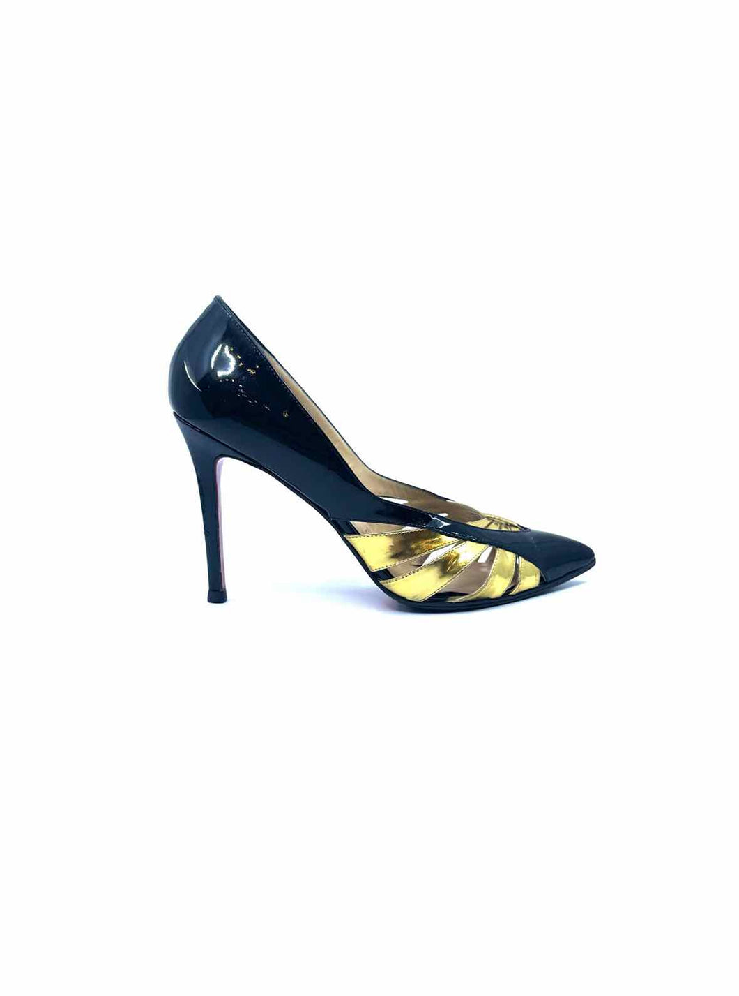 CHRISTIAN LOUBOUTIN Size 8.5 Black, gold Patent Leather Pumps