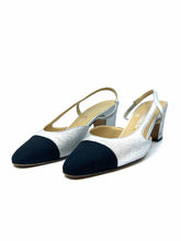 Load image into Gallery viewer, CHANEL Size 7 Silver, Black Leather Metallic Solid Sling back
