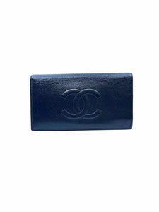 CHANEL Continental Black Leather Solid caviar Wallet