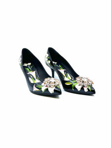 DOLCE & GABBANA Size 9 black, white Leather Floral Pumps