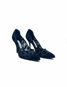 MANOLO BLAHNIK Size 9 Black Suede Leopard Pumps