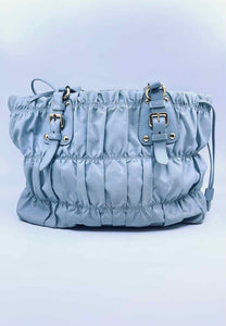 PRADA Baby Blue Nylon Ruched Handbag