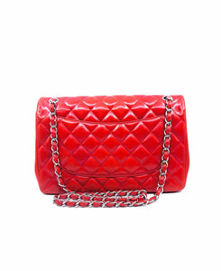 CHANEL Jumbo Double Flap Bag Red Orange Leather Quilted Lamb Skin Handbag