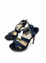 Load image into Gallery viewer, JIMMY CHOO Size 7.5 Navy Leather Glitter Solid Sandals
