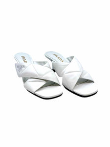 PRADA Size 7.5 White Leather Quilted Mules