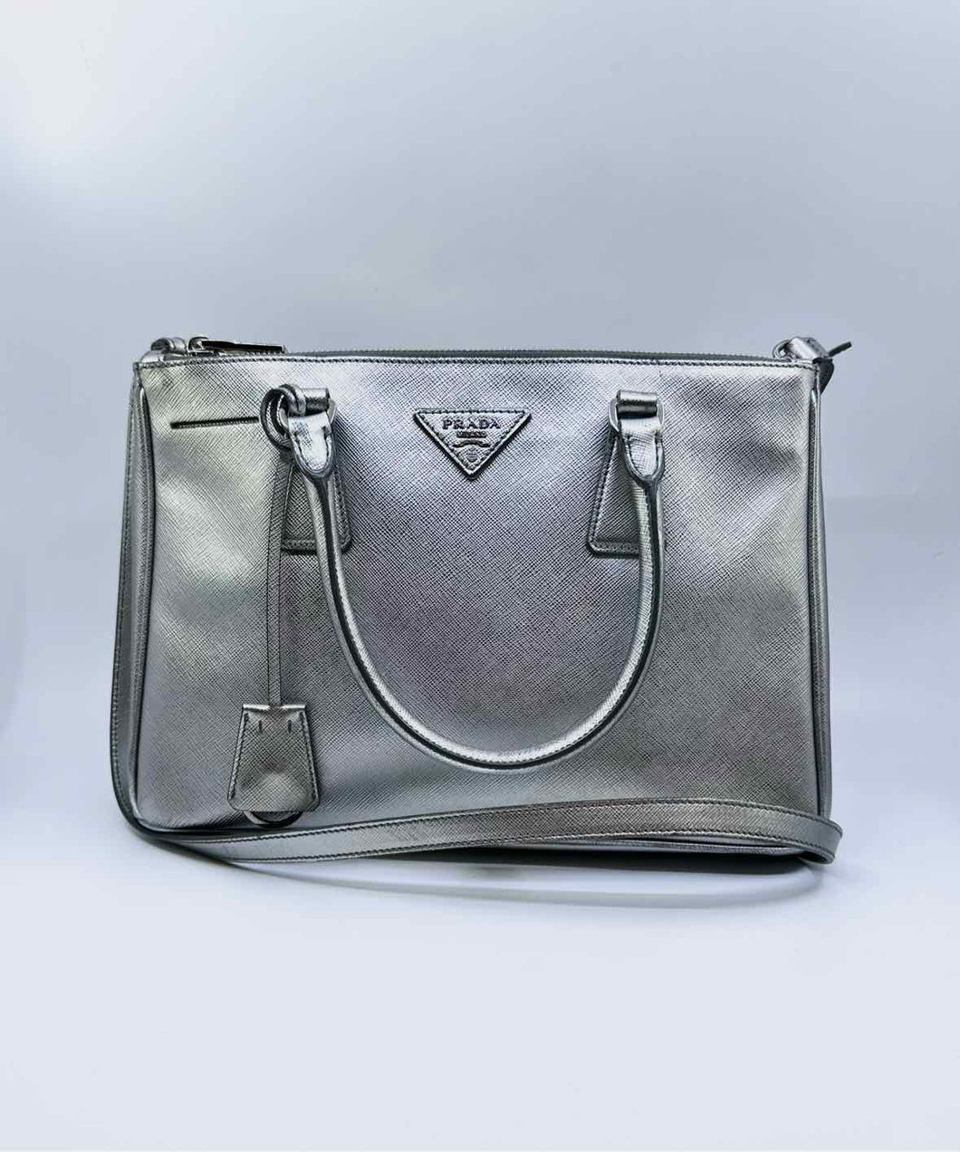 PRADA Galleria Silver Leather Metallic Solid Handbag