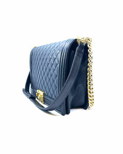 CHANEL Large Boy Bag Black Lambskin Leather Quilted Handbag
