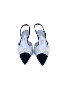 MANOLO BLAHNIK Size 9.5 Grey, Black Wool Suede Solid Sling back