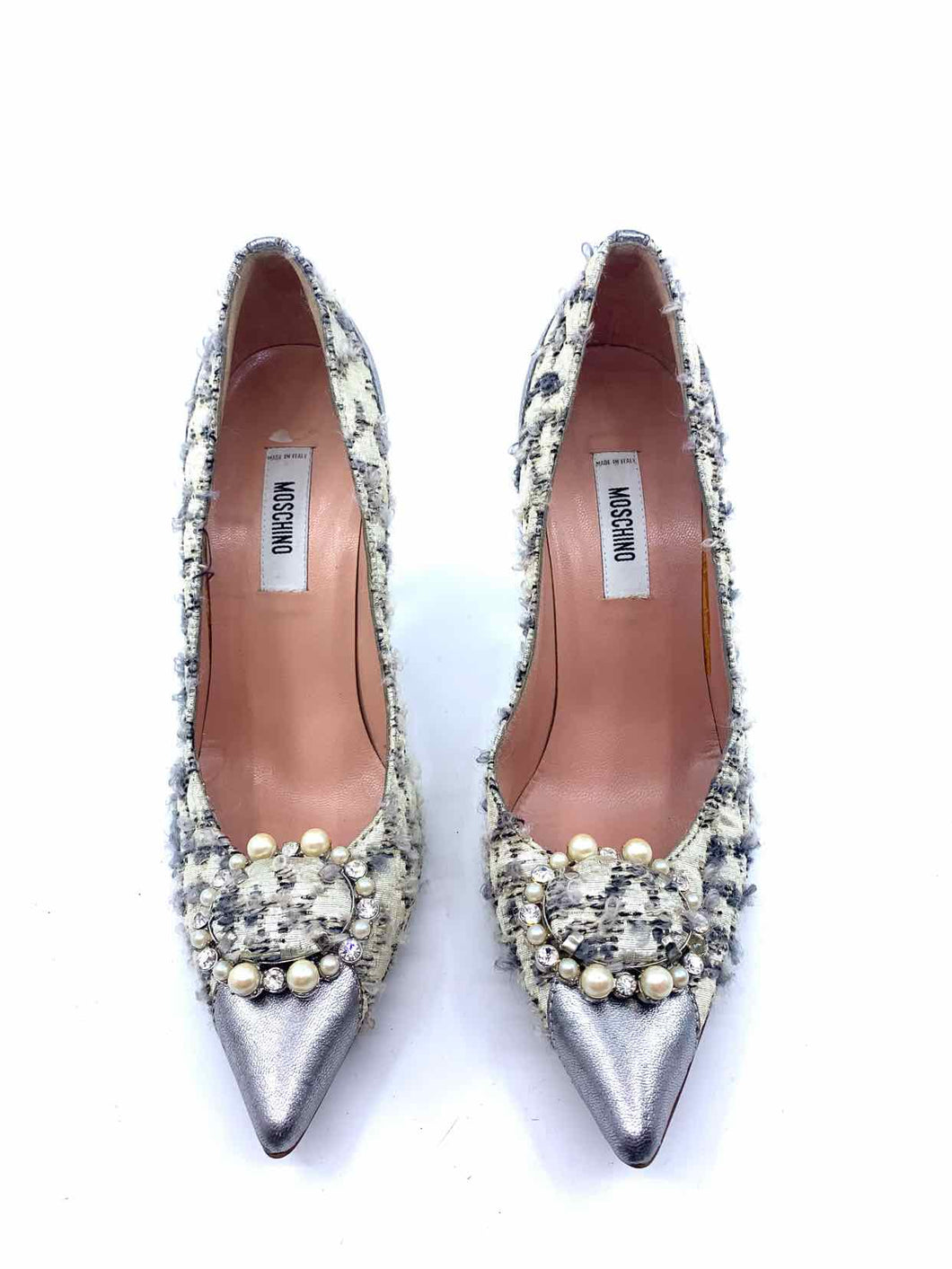 MOSCHINO Size 7.5 Silver, Cream Tweed Solid Pumps