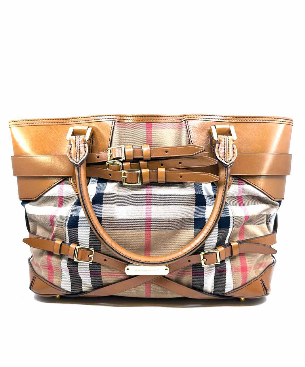 BURBERRY Camel Leather Canvas Plaid Handbag