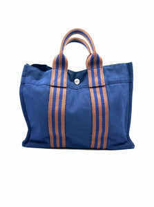 HERMES Fourre Tout Holdall MM Tote Bag Navy, Brown Canvas Solid Handbag