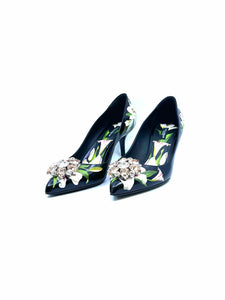 DOLCE & GABBANA Size 9 black, white Leather Floral Pumps