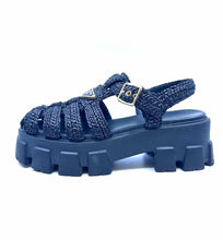 Load image into Gallery viewer, PRADA Monolith Size 8 Black Straw Woven Sandals
