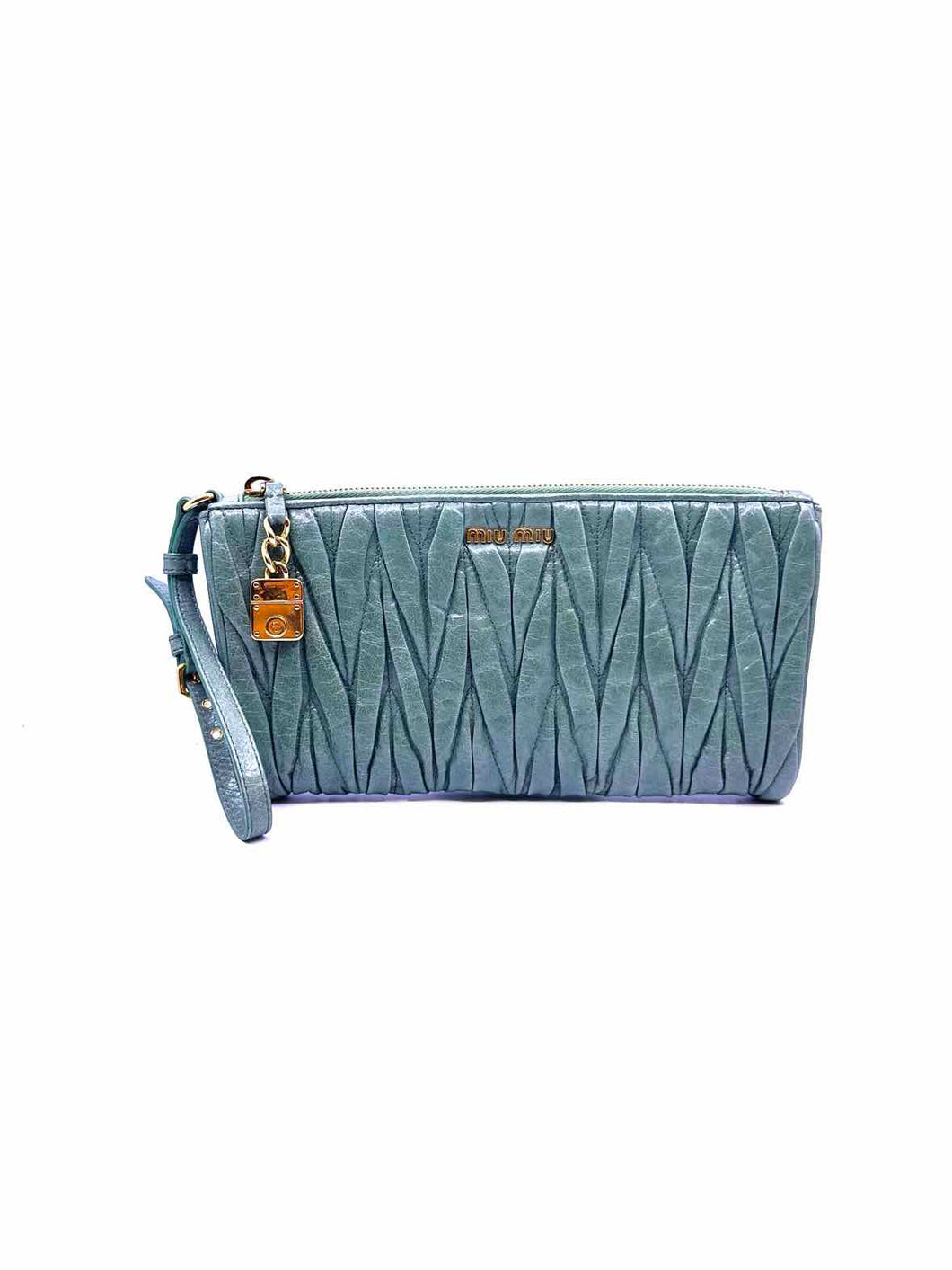 MIU MIU Green Leather Metal Ruched Wristlet