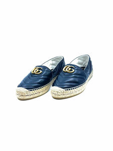 CHANEL Size 9.5 Black Leather Chevron print Flats