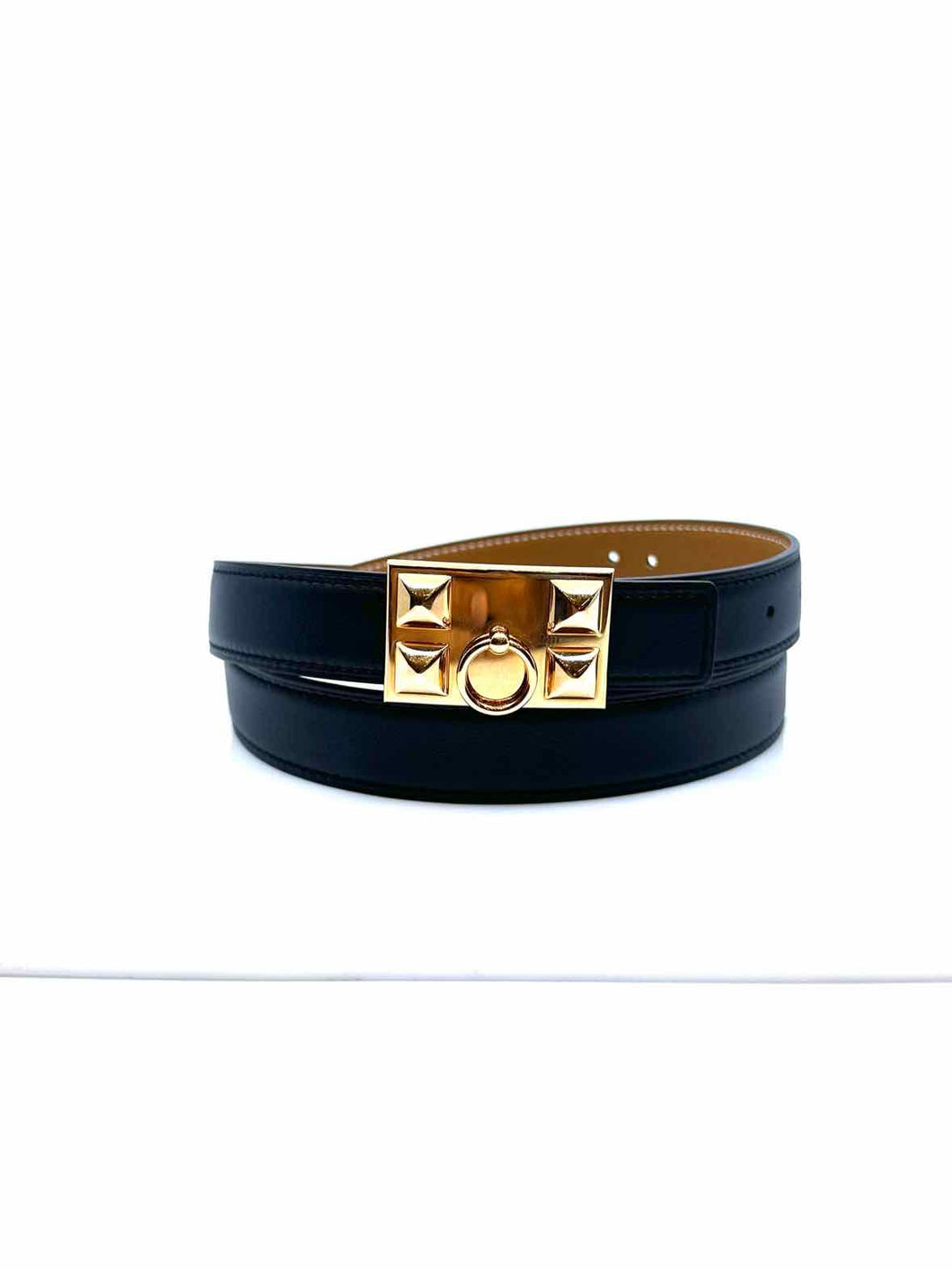 HERMES Camel, Black Solid Belt