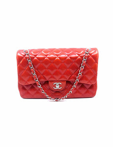 CHANEL Jumbo Double Flap Bag Red Orange Leather Quilted Lamb Skin Handbag