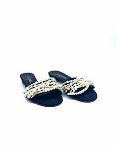 CHANEL Size 7 Black Pearls Mules