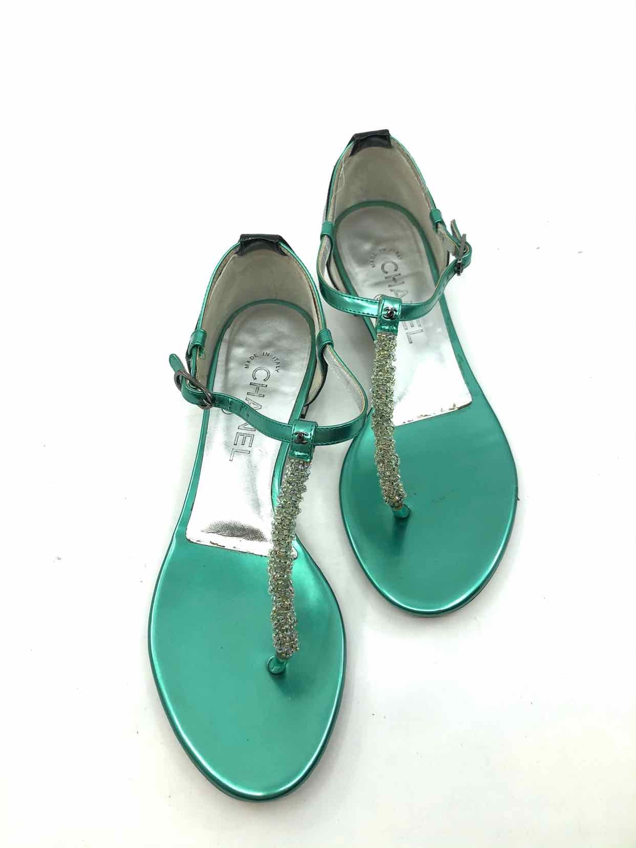 Chanel Green Leather and PVC CC Slide Sandals Size 41 Chanel