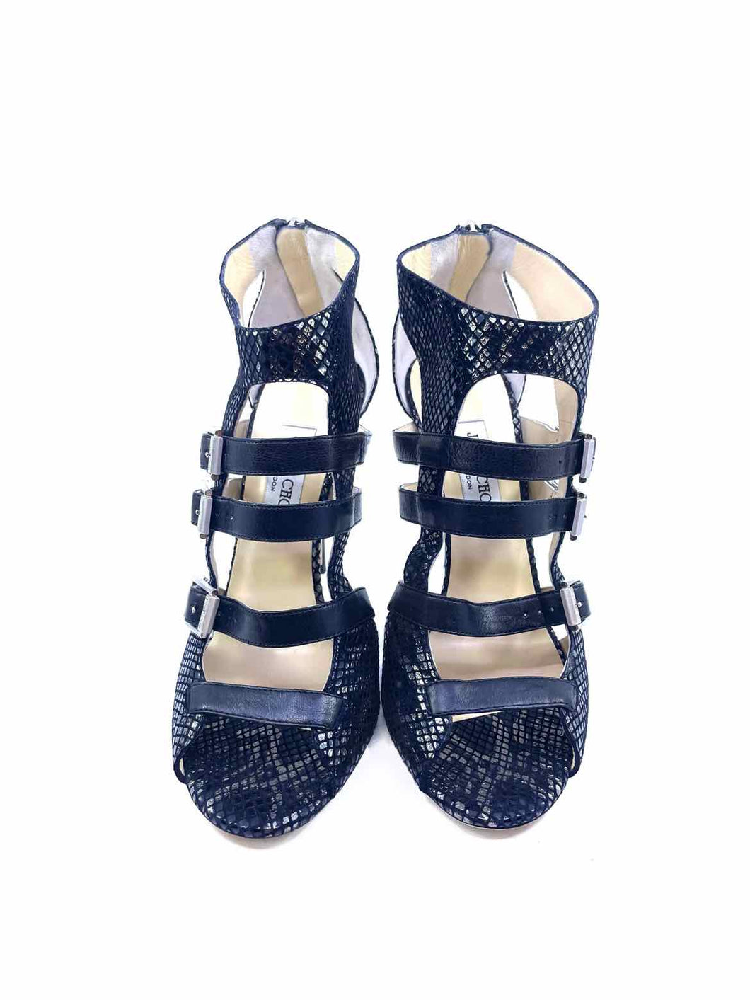 JIMMY CHOO Mercy Size 10.5 Black Leather Snakeskin Sandals