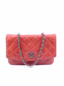 CHANEL Coral Patent Leather Quilted Handbag