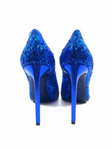 SAINT LAURENT Size 7.5 Royal Blue Sequined Solid Pumps