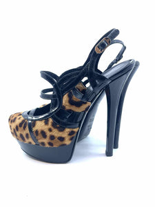 FENDI Black, Brown Patent Leather Cheetah Pony Hair Sling back | 7