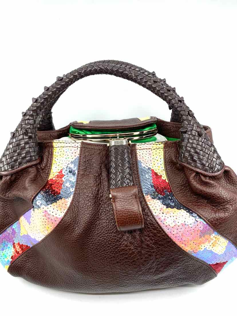 FENDI Brown Pebbled Leather Spy Bag Sequined Handbag – Labels Luxury