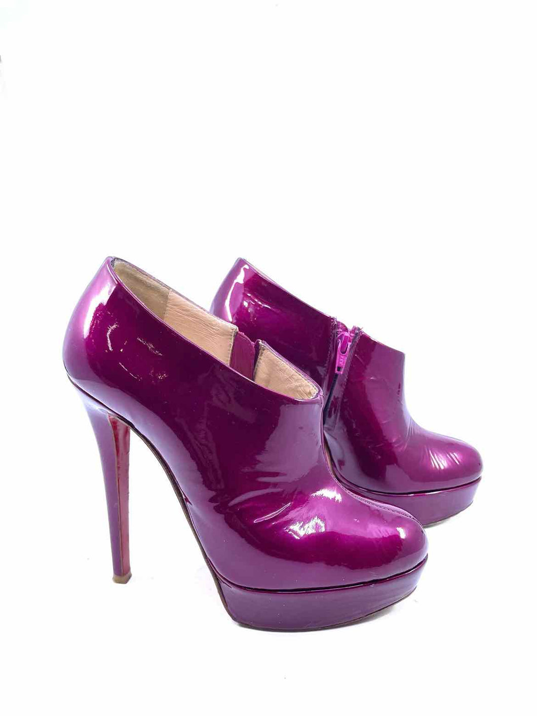 CHRISTIAN LOUBOUTIN Size 6.5 Magenta Patent Leather Iridescent Ankle Boot